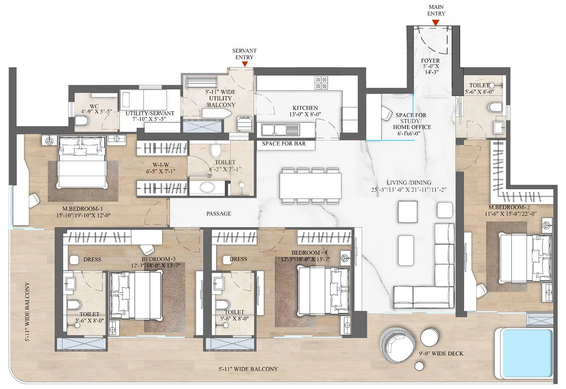 4 BHK + Study + Utility